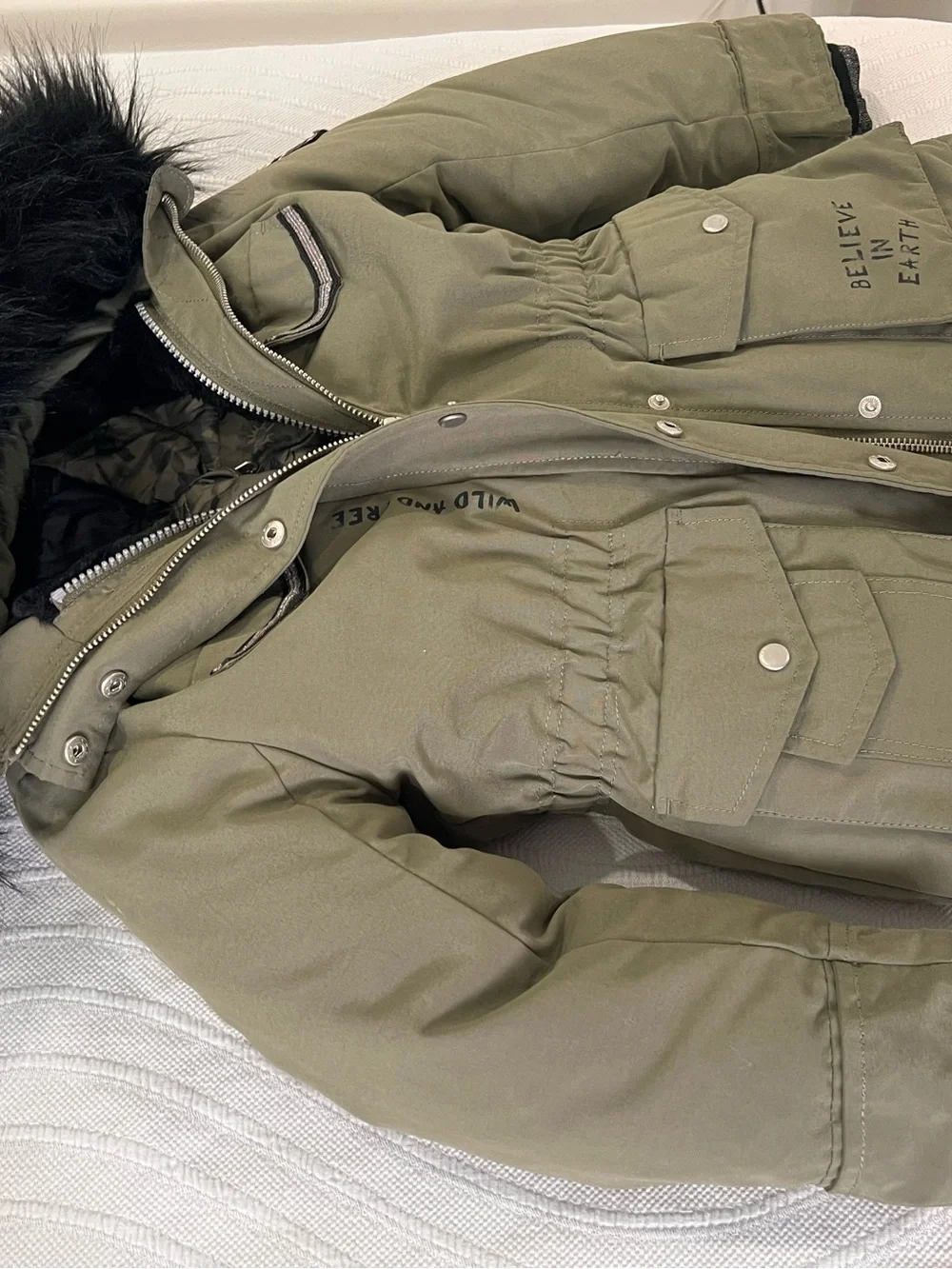 Olive Green Hooded Parka Jacket with Faux Fur Trim